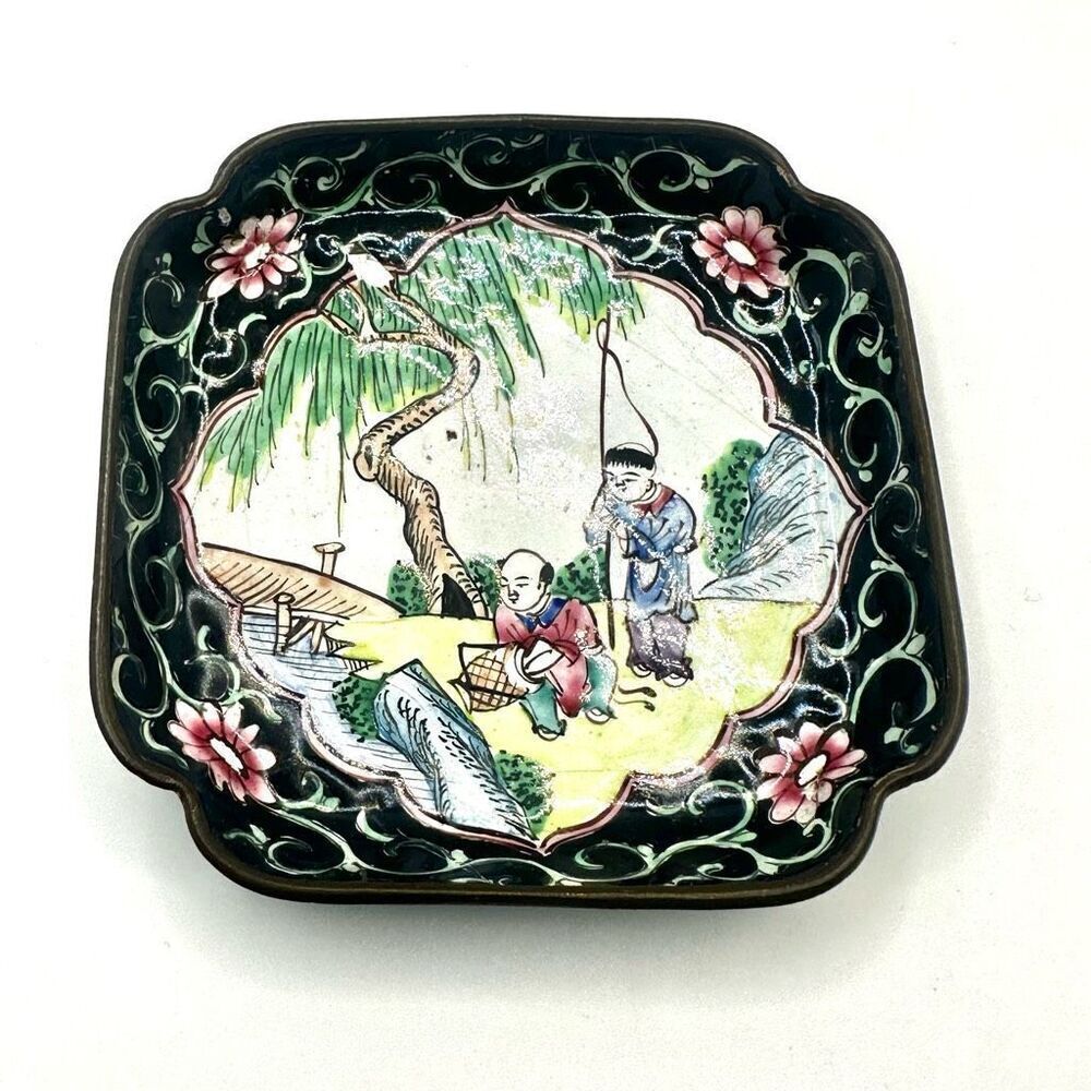 Cloisonné enamel square Chinese trinket tray
